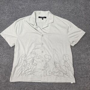 Rustic Souls Shirt Mens Medium Light Gray/Green Button Up Line Art Embroidery